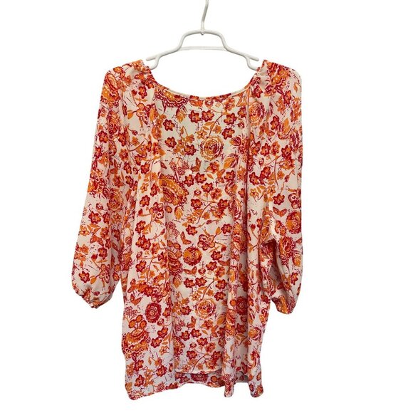 Floral Peasant Top Blouse Tie Neckline & 3/4 Sleeves Faded Glory 2X Orange Red - Picture 4 of 4
